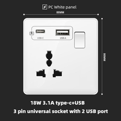 Switched 3 pin universal socket with USB+type-c