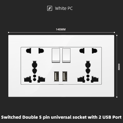 Switched Double 5 pin universal socket with 2 USB Port With Spray Painted Plastic White Plate