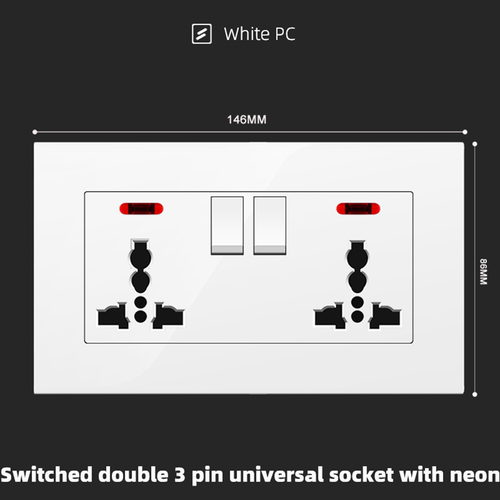 Switched double 3 pin universal socket with neon With Spray Painted Plastic White Plate