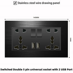 Switched Double 5 pin universal socket with 2 USB Port With Aluminium Alloy Plate