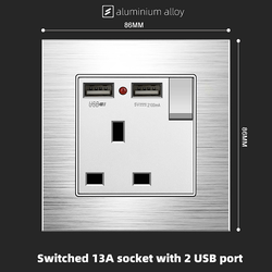 Switched 13A socket with 2 USB port With Aluminium Alloy Plate