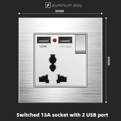 Switched 3 pin universal socket with 2 USB port With Aluminium Alloy Plate