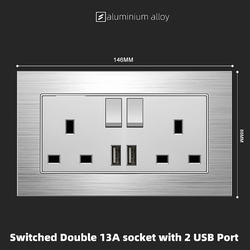 Switched Double 13A socket with 2 USB Port With Aluminium Alloy Plate