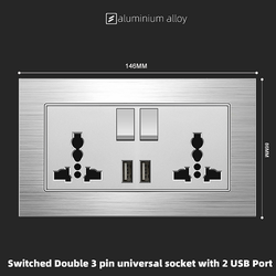 Switched Double 3 pin universal socket with 2 USB Port With Aluminium Alloy Plate